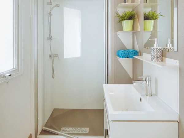 La salle de bain Roan Premium Lounge est équipée d'une cabine de douche et d'un lavabo avec armoire.