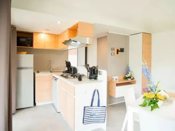 La cuisine et le salon du mobil-home Roan Supreme avec 2 salles de bain.