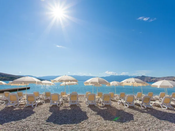 Chaises longues sur la plage du Roan camping Baška Camping Resort.