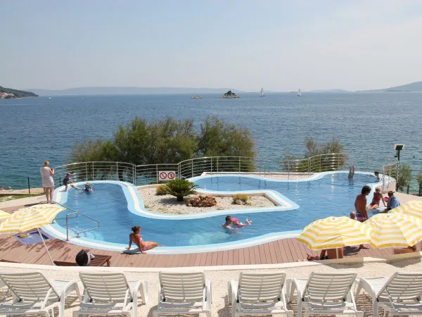 Piscine avec chaises longues et parasols au camping Roan Amadria Park Trogir.