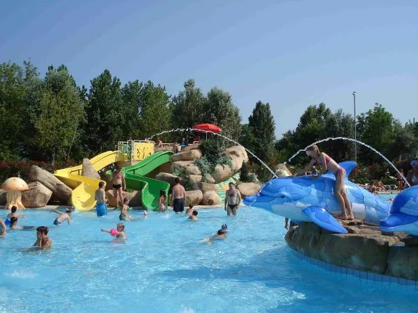 Plaisir aquatique au bord de la piscine du camping Roan Marina Di Venezia.