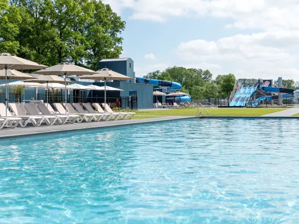 Piscine extérieure chauffée avec 4 toboggans aquatiques au camping Roan De Twee Bruggen.