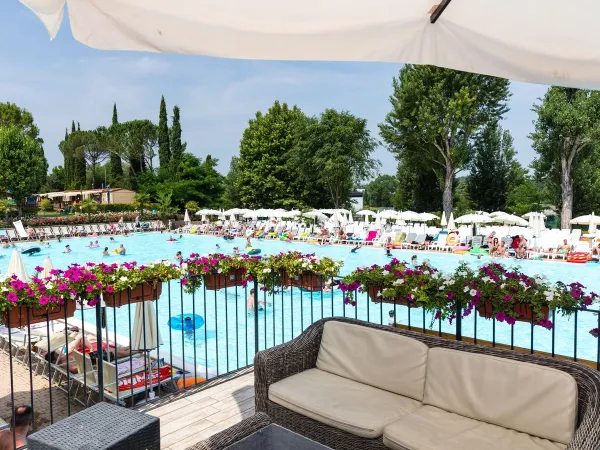Bar terrasse avec vue sur la piscine du camping Roan hu Altomincio village.
