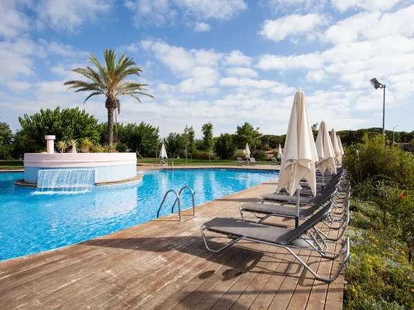 Chaises longues au bord de la piscine du Roan Camping El Pinar.