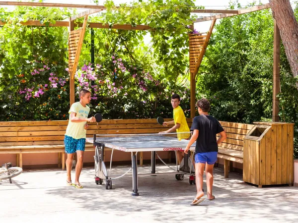 Enfants jouant au tennis de table au Roan Camping El Pinar.