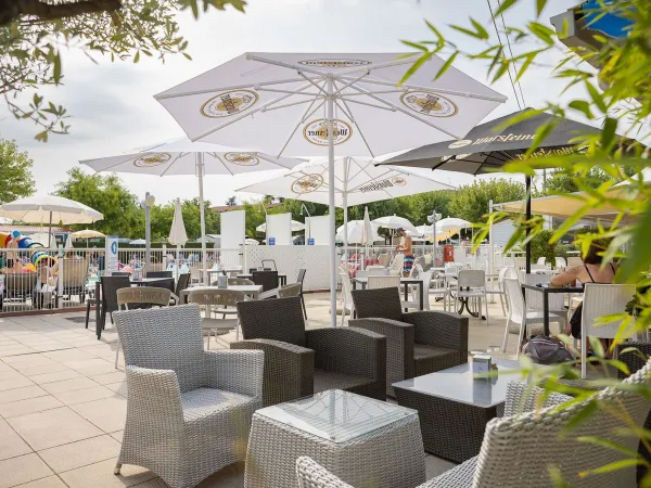 Terrasse avec chaises longues et parasols au Roan Camping Butterfly.