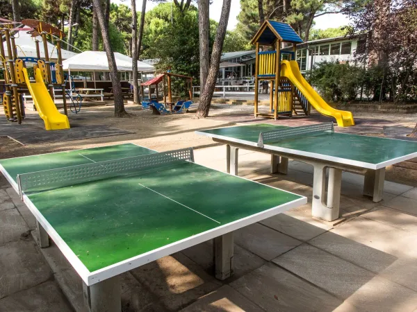 Tables de ping-pong et toboggans dans l'aire de jeux du camping de Roan Sole Family Camping Village.