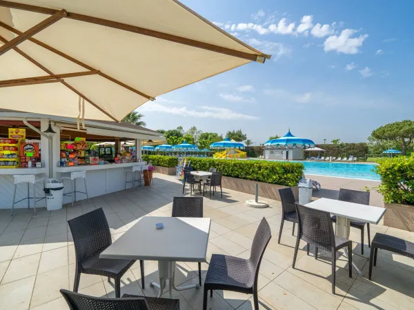 Bar et terrasse au bord de la piscine du camping Roan Rubicone.