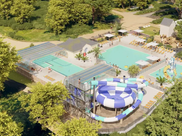 Vue aérienne de la nouvelle piscine du camping Roan Domaine de la Brèche.