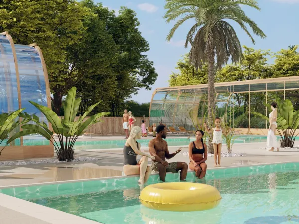 Les clients profitent de la piscine du camping Roan Domaine de la Brèche.
