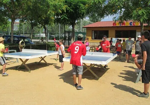 Beaucoup de monde autour des tables de ping-pong du camping Roan La Masia.