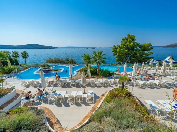 Piscine et chaises longues avec vue sur la mer au camping Roan Amadria Park Trogir.