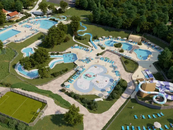 Vue d'ensemble de la piscine avec de nouveaux toboggans en 2025 au camping Roan Saint Avit Loisirs.