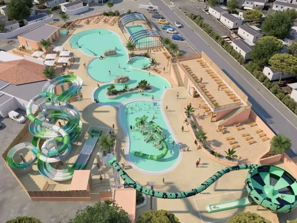 Vue aérienne du parc aquatique Roan camping Le Domaine du Clarys. Nouveau en 2025 !