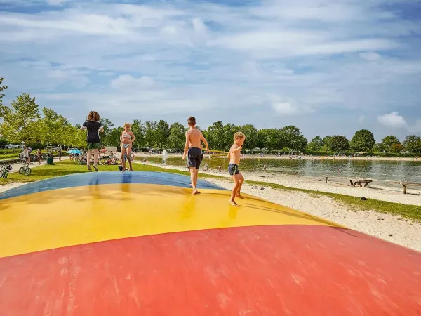Airtrampoline avec des enfants qui sautent sur la plage du camping Roan Terspegelt.