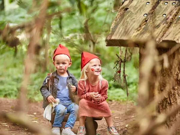 Deux jeunes enfants portant des chapeaux de gnomes lors de la randonnée des gnomes au camping Roan Terspegelt.