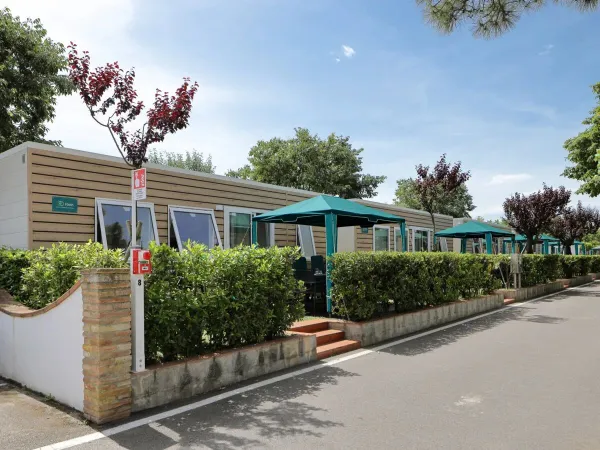 Une rue avec des mobil-homes Premium au camping Roan Rubicone.