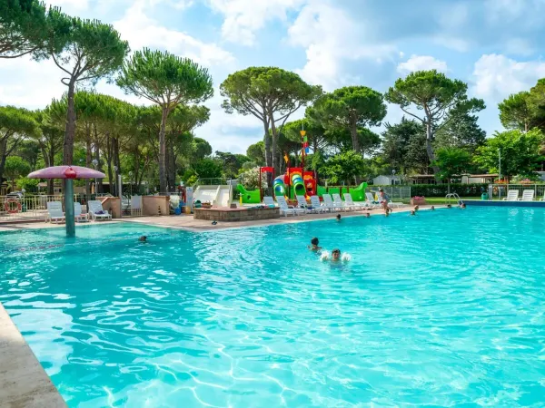 Piscine avec chaises longues au camping Roan Del Forte.