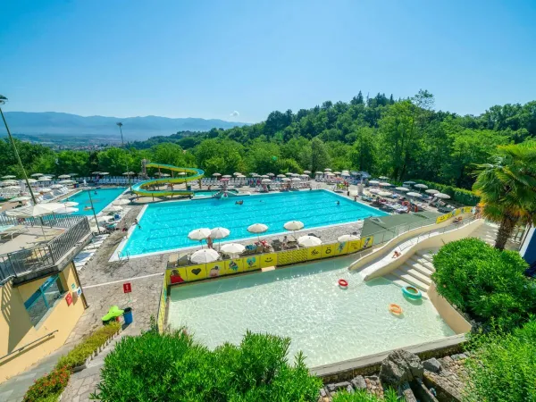 Vue d'ensemble de la piscine du camping Roan hu Norcenni Girasole village.