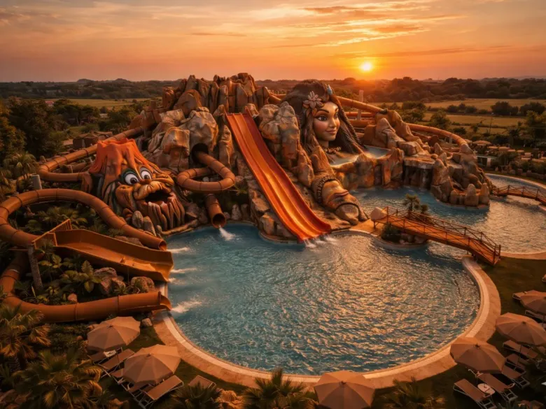 Image d'impression de la nouvelle piscine avec toboggans en 2026 au Roan camping Tahiti.