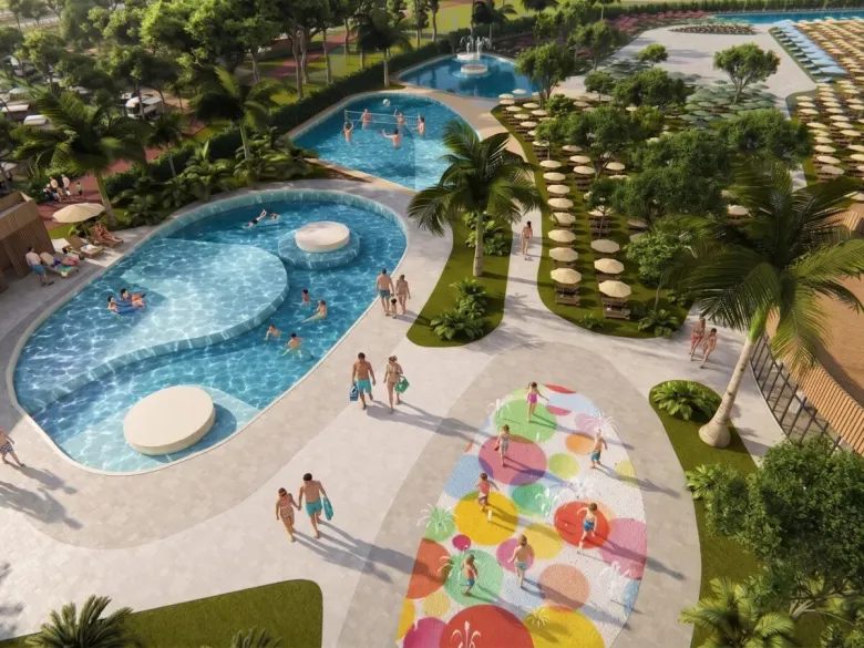Image générée par l'IA représentant le complexe aquatique du camping Roan Delta Open Air Resort.