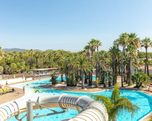 Belle piscine avec palmiers au camping Roan La Baume.