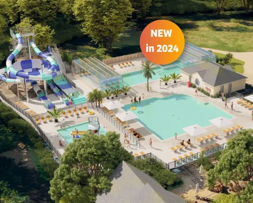 Vue d'ensemble de la nouvelle piscine 2024 au camping Roan Domaine de la Brèche.
