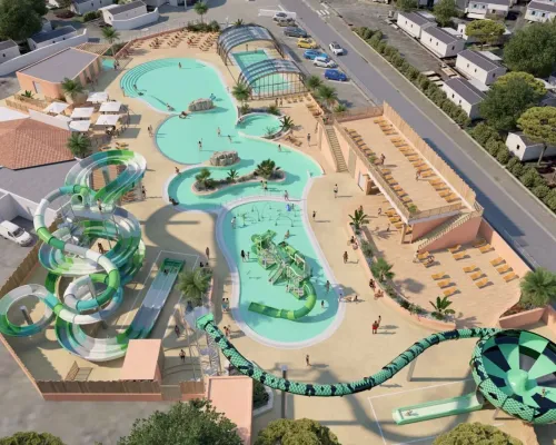 Vue aérienne du parc aquatique Roan camping Le Domaine du Clarys. Nouveau en 2025 !