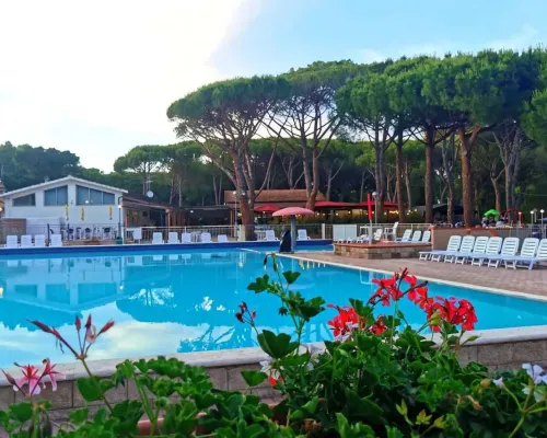 Piscine avec chaises longues au camping Roan Del Forte.